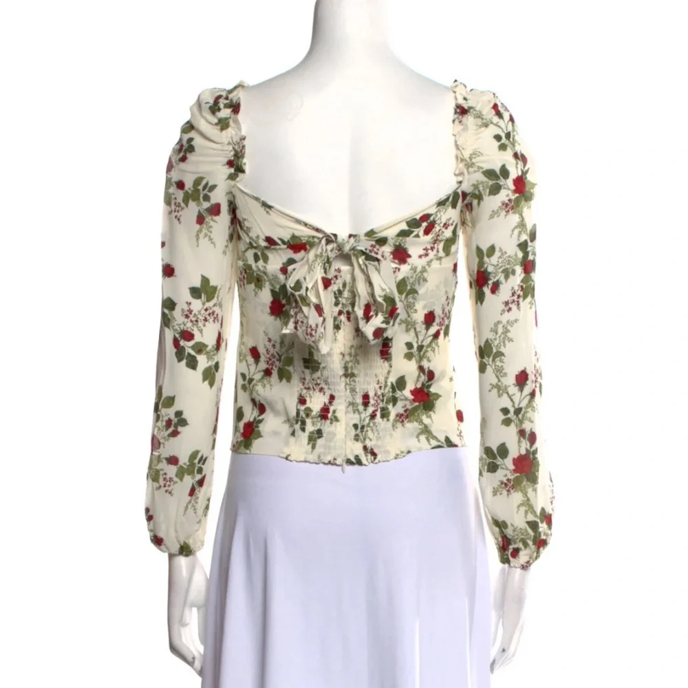 Reformation Cream Floral Puff-Sleeve Blouse with Red & Green Roses